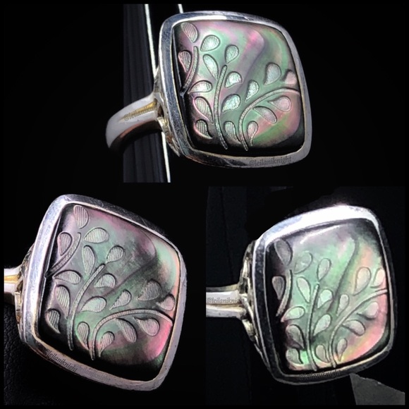 Silpada Retired Sterling Silver Etched Black Lip Shell Fern Leaf Ring - Picture 5 of 11